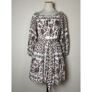 Madison Mathews Floral Cotton Peasant Mini Dress M Indie Boho Cottage Natural